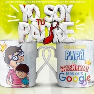 Mockup de dos tazas blancas unidas por el asa con diseños dedicados al padre. La taza izquierda presenta una caricatura de un padre y su hijo abrazándose, mientras que la derecha lleva el mensaje 'GRACIAS PAPÁ POR ENSEÑARME MÁS QUE GOOGLE' con una corona. El fondo general es verde y amarillo con el texto 3D 'YO SOY TU PADRE' y una corbata roja.