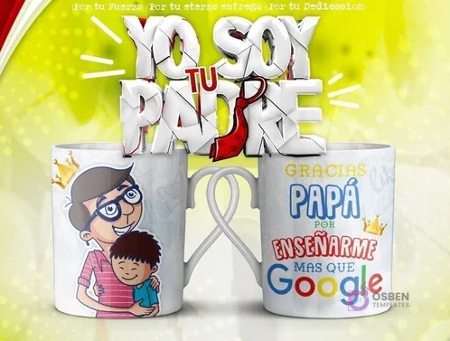 Mockup de dos tazas blancas unidas por el asa con diseños dedicados al padre. La taza izquierda presenta una caricatura de un padre y su hijo abrazándose, mientras que la derecha lleva el mensaje 'GRACIAS PAPÁ POR ENSEÑARME MÁS QUE GOOGLE' con una corona. El fondo general es verde y amarillo con el texto 3D 'YO SOY TU PADRE' y una corbata roja. Mockup de dos tazas blancas unidas por el asa con diseños dedicados al padre. La taza izquierda presenta una caricatura de un padre y su hijo abrazándose, mientras que la derecha lleva el mensaje 'GRACIAS PAPÁ POR ENSEÑARME MÁS QUE GOOGLE' con una corona. El fondo general es verde y amarillo con el texto 3D 'YO SOY TU PADRE' y una corbata roja.