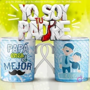 Mockup de dos tazas blancas unidas por el asa con diseños en tonos azules. La taza izquierda dice 'PAPÁ eres el MEJOR' con un icono de bigote, y la derecha muestra una caricatura de un padre y su hijo con el texto 'TE QUIERO'. El fondo general es verde y amarillo con el texto 3D 'YO SOY TU PADRE' y una corbata roja.