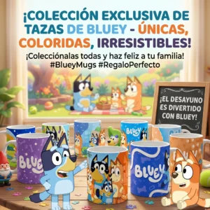 Colección exclusiva de plantillas para tazas de Bluey y su familia, con diseños coloridos y divertidos ideales para regalos infantiles y desayunos.