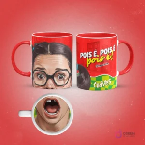Plantilla de sublimación para taza de La Chilindrina del Chavo del 8, con su rostro asombrado y un detalle de su boca abierta con un diente faltante en el interior, asas y borde rojos, sobre un fondo rojo.