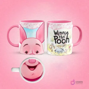Plantilla de sublimación para taza de Puerquito (Piglet) sonriente, con su rostro en el exterior y un detalle de su boca feliz en el interior, asas y borde rosas, sobre un fondo rosa.