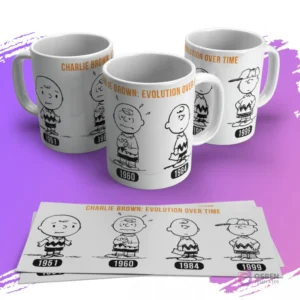 Tres tazas sublimadas con la evolución de Charlie Brown en blanco y negro desde 1951 hasta 1999. Una plantilla de sublimación se muestra debajo.