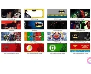 Cuadrícula de miniaturas de plantillas para tazas de superhéroes DC, presentando diseños de Batman, Superman, Liga de la Justicia, Flash y Wonder Woman.