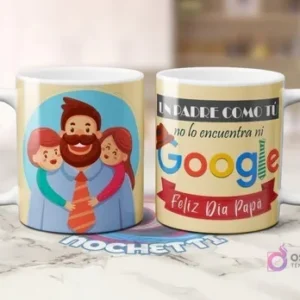 Mockup de dos tazas sublimadas con plantillas para el Día del Padre: una con ilustración de papá abrazando a sus hijos y otra con mensaje 'Un padre como tú no lo encuentra ni Google Feliz Día Papá'.