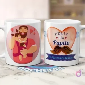 Dos tazas sublimadas mostrando plantillas para el Día del Padre: una con caricatura de papá cargando a dos bebés y otra con corazón y mensaje 'Feliz Día Papito' y bigote.