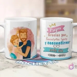 Mockup de dos tazas para el Día del Padre: una con diseño de papá y su hija con corona, y otra con mensaje 'Papá Gracias por hacerme reír y consentirme cada día'.