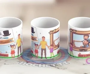 Mockup de tres tazas con plantillas de sublimación para el Día del Padre: una con top hat y mensaje 'Papá eres MARAVILLOSO', otra con papá y dos hijos, y una tercera con marco de foto de gafas.