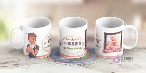 Tazas sublimadas para el Día del Padre con un toque humorístico: una con ilustración de papá y bebé, otra con el texto 'Lo siento mi PAPÁ ya tiene dueño', y una con marco de foto de bebé y mensaje 'Te Quiero Papá'. Tazas sublimadas para el Día del Padre con un toque humorístico: una con ilustración de papá y bebé, otra con el texto 'Lo siento mi PAPÁ ya tiene dueño', y una con marco de foto de bebé y mensaje 'Te Quiero Papá'.