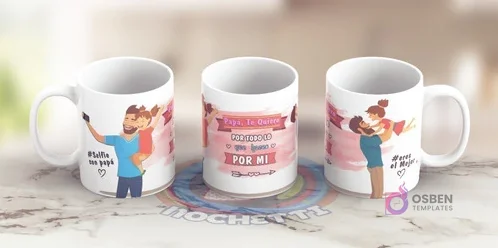 Tres tazas mostrando plantillas para el Día del Padre: una con papá y niño tomándose una selfie, otra con mensaje 'Papa, Te Quiero POR TODO LO que haces POR MI', y una con papá y niño abrazándose. Tres tazas mostrando plantillas para el Día del Padre: una con papá y niño tomándose una selfie, otra con mensaje 'Papa, Te Quiero POR TODO LO que haces POR MI', y una con papá y niño abrazándose.