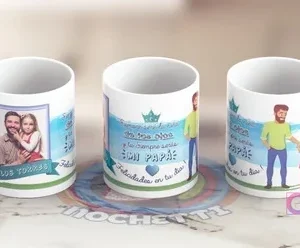 Mockup de tazas sublimadas para el Día del Padre: una con marco de foto personalizable, otra con mensaje 'Eres el Rey de los Días y tu siempre serás PAPÁ' con corona, y una tercera con ilustración de papá y niño caminando de la mano.