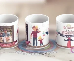Tazas del Día del Padre con diseños variados: una con marco de foto para nombre, otra con temática de vaqueros (papá e hijo), y una tercera con mensaje 'El mejor PADRE por siempre' y elementos de vestimenta.