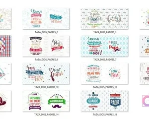 Cuadrícula con 15 miniaturas de las plantillas de sublimación incluidas para tazas del Día del Padre, mostrando una variedad de frases cristianas y diseños como 'Ser tu hijo es el mejor regalo' y 'Feliz Día Papá'.