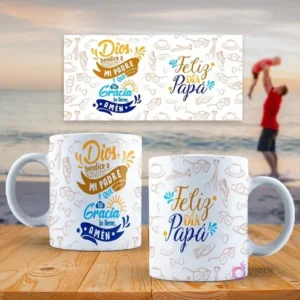 Mockup de dos tazas sublimadas con diseños del Día del Padre: 'Dios bendice a mi padre' y 'Feliz Día Papá', con un fondo de playa y un padre jugando con su hijo. Incluye vista previa de la plantilla completa.
