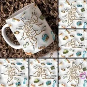 Collage de una taza sublimada y cinco variantes de diseños de puños familiares para el Día del Padre, con nombres como Dad, Papa y Dada.