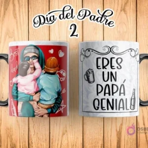 Taza de sublimación Día del Padre con ilustración de padre abrazando a su hijo, fondo rojo con corazones y "Día del Padre 2". El reverso de la taza dice "ERES UN PAPÁ GENIAL" con íconos de cerveza.