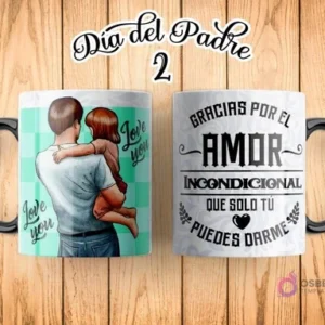 Taza de sublimación Día del Padre con ilustración de padre de espaldas cargando a su hija, texto