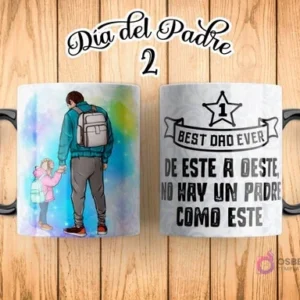 Taza de sublimación Día del Padre con ilustración de padre e hija de la mano con mochilas, fondo con un cielo morado degradado, y