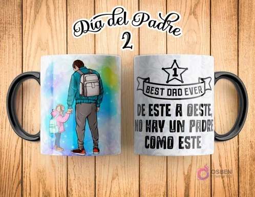 Taza de sublimación Día del Padre con ilustración de padre e hija de la mano con mochilas, fondo con un cielo morado degradado, y "Día del Padre 2". El reverso dice "BEST DAD EVER DE ESTE A OESTE NO HAY UN PADRE COMO ESTE" con una estrella. Taza de sublimación Día del Padre con ilustración de padre e hija de la mano con mochilas, fondo con un cielo morado degradado, y "Día del Padre 2". El reverso dice "BEST DAD EVER DE ESTE A OESTE NO HAY UN PADRE COMO ESTE" con una estrella.