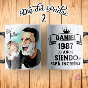 Taza de sublimación Día del Padre con ilustración artística de padre e hijo riendo a carcajadas, y