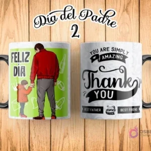 Taza de sublimación Día del Padre con ilustración de padre e hijo de espaldas dándose la mano, sobre un fondo verde con el texto