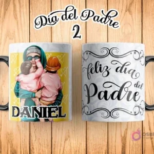 Taza de sublimación Día del Padre con ilustración de padre e hijo, el padre usa lentes de sol y gorra, con el nombre