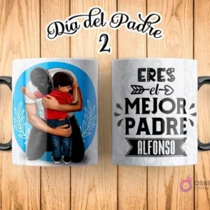 Taza de sublimación Día del Padre con ilustración de padre abrazando a su hijo, con el fondo de un mapa, y