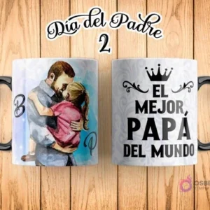 Taza de sublimación Día del Padre con ilustración de padre e hija abrazándose tiernamente, fondo con letras