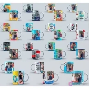 Panel de 25 tazas de sublimación mostrando la variedad de los 15 diseños del pack del Día del Padre, con collages y mensajes personalizados.
