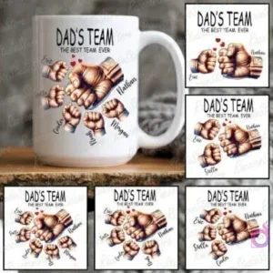 Mug de sublimación 'Dad's Team' con diseño de cinco puños y nombres, rodeado de una cuadrícula de diferentes variaciones de plantillas de puños para tazas del Día del Padre.