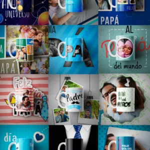 Collage de 9 diseños diferentes de tazas personalizadas para el Día del Padre, mostrando variedad de estilos, frases y fotos familiares para sublimación.