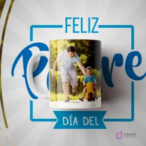 Taza de sublimación blanca con una foto de un padre corriendo junto a su hijo en un triciclo, enmarcada por un diseño azul con la frase 'FELIZ DÍA DEL Padre' y un patrón de rayos.
