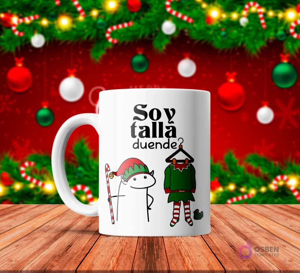 Taza de sublimación blanca con Flork con gorro de elfo y bastón de caramelo, junto a un perchero con un traje de duende, texto 'Soy talla duende?' con fondo festivo. Taza de sublimación blanca con Flork con gorro de elfo y bastón de caramelo, junto a un perchero con un traje de duende, texto 'Soy talla duende?' con fondo festivo.