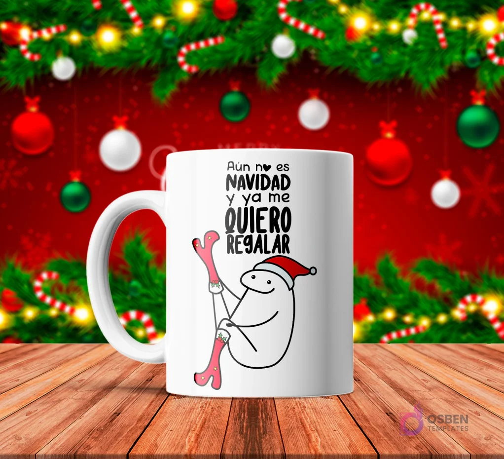 Taza de sublimación blanca con Flork con gorro de Santa intentando ponerse medias navideñas, texto 'Aún no es NAVIDAD y ya me QUIERO REGALAR' con fondo navideño rojo. Taza de sublimación blanca con Flork con gorro de Santa intentando ponerse medias navideñas, texto 'Aún no es NAVIDAD y ya me QUIERO REGALAR' con fondo navideño rojo.