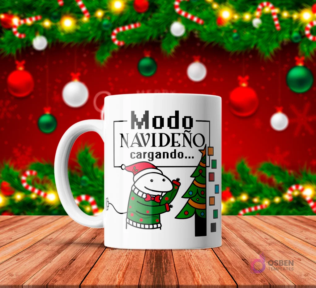 Taza de sublimación blanca con Flork con gorro de Santa y suéter navideño, conectado a un enchufe cargando un árbol de Navidad con luces, texto 'Modo NAVIDEÑO cargando...' con fondo festivo. Taza de sublimación blanca con Flork con gorro de Santa y suéter navideño, conectado a un enchufe cargando un árbol de Navidad con luces, texto 'Modo NAVIDEÑO cargando...' con fondo festivo.