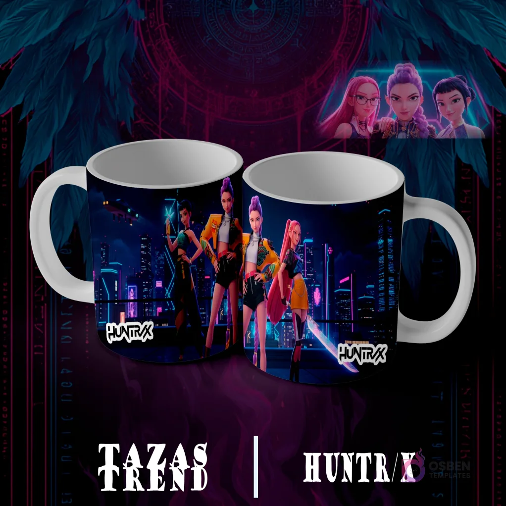 Dos tazas blancas con diseño de sublimación Huntrix Demon Hunter N°7, mostrando cuatro personajes femeninos animados en atuendos de moda, paradas frente a un horizonte urbano nocturno iluminado con neones. Dos tazas blancas con diseño de sublimación Huntrix Demon Hunter N°7, mostrando cuatro personajes femeninos animados en atuendos de moda, paradas frente a un horizonte urbano nocturno iluminado con neones.