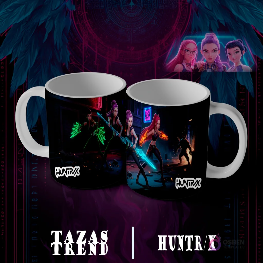 Dos tazas blancas con diseño de sublimación Huntrix Demon Hunter N°7, presentando tres personajes femeninos animados, una con una guadaña verde brillante, otra con fuego, luchando contra una figura sombría en un callejón oscuro. Dos tazas blancas con diseño de sublimación Huntrix Demon Hunter N°7, presentando tres personajes femeninos animados, una con una guadaña verde brillante, otra con fuego, luchando contra una figura sombría en un callejón oscuro.