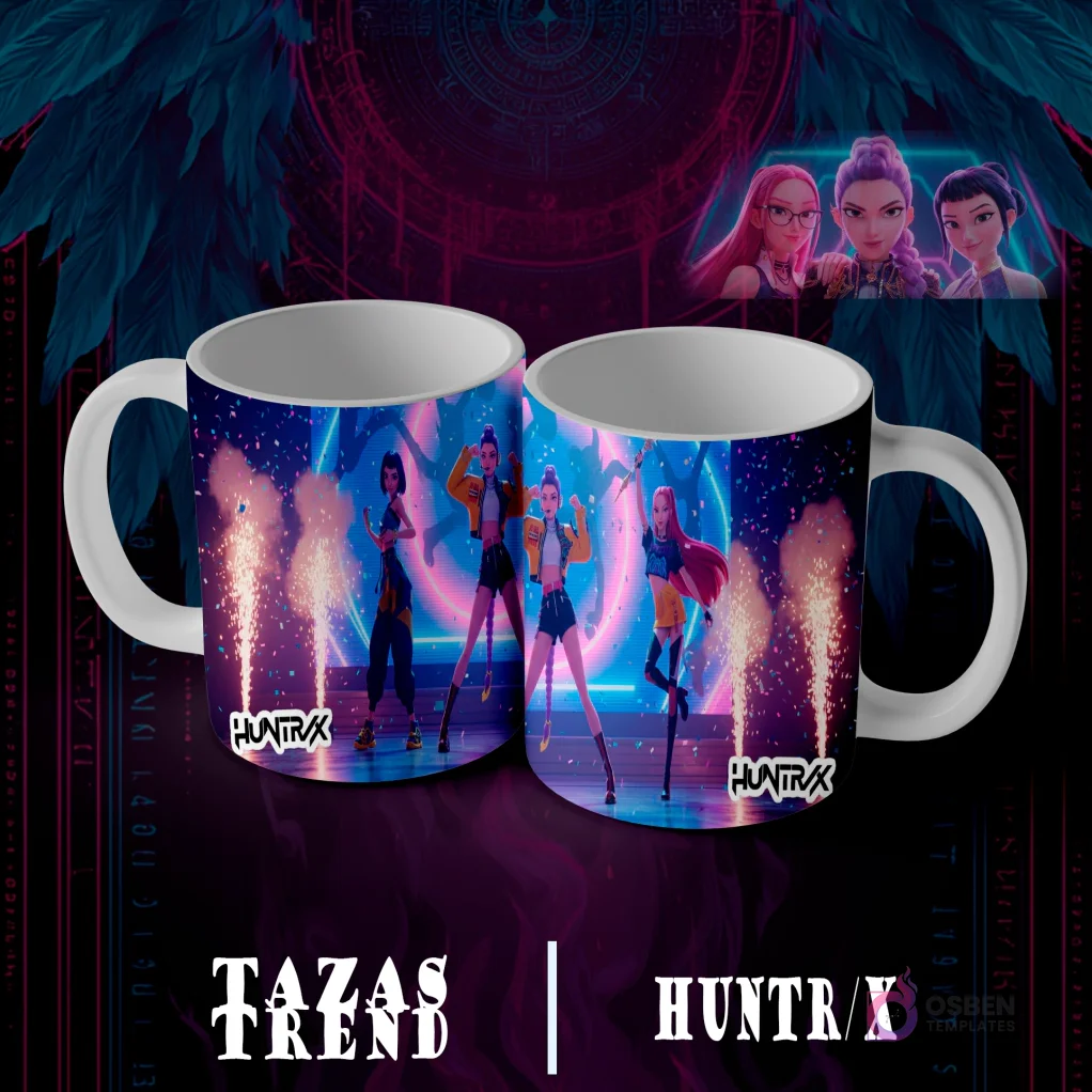Dos tazas blancas con diseño de sublimación Huntrix Demon Hunter N°7, presentando tres personajes femeninos animados en un escenario con círculos luminosos y efectos de fuegos artificiales o chispas. Dos tazas blancas con diseño de sublimación Huntrix Demon Hunter N°7, presentando tres personajes femeninos animados en un escenario con círculos luminosos y efectos de fuegos artificiales o chispas.