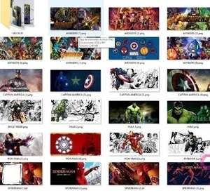 Vista de una carpeta de archivos digitales mostrando una cuadrícula de miniaturas de plantillas para tazas de superhéroes Marvel, incluyendo Iron Man, Capitán América, Hulk, Deadpool, Spider-Man, Punisher y X-Men.
