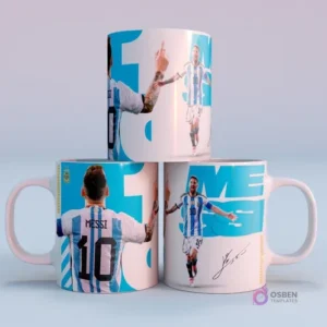 Mugs de sublimación con diseños de Lionel Messi celebrando con los brazos abiertos y mostrando el dorsal 10, diseño celeste de Argentina Campeón del Mundo 2022.