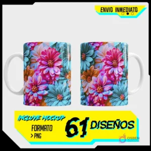 Taza blanca sublimada con diseño de flores 3D de colores vibrantes como fucsia, turquesa y naranja, vista frontal y trasera. Incluye textos 'ENVIO INMEDIATO', 'INCLUYE MOCKUP', '61 DISEÑOS', 'FORMATO PNG'.