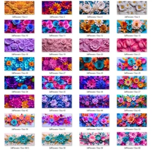 Cuadrícula con 61 vistas previas de diseños de flores 3D diferentes, mostrando la vasta colección de patrones florales coloridos y estilos variados.
