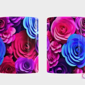 Taza sublimada con un patrón denso de rosas 3D en tonos vibrantes de fucsia, azul eléctrico y morado oscuro, vista frontal y trasera.