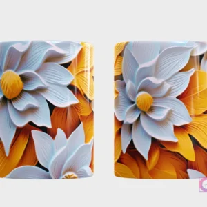 Taza con diseño de grandes flores 3D en blanco y amarillo crema sobre un fondo dorado, con efecto de relieve y profundidad, vista frontal y trasera.