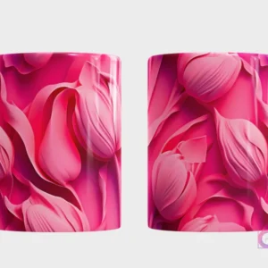 Taza sublimada con un patrón de cogollos de tulipanes o capullos florales 3D en diversas tonalidades de rosa intenso y magenta, vista frontal y trasera.