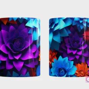 Taza con diseño de flores suculentas o de loto 3D en colores vibrantes de morado intenso, azul turquesa y naranja, sobre un fondo oscuro, vista frontal y trasera.