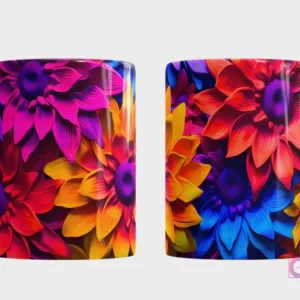 Taza sublimada con un vibrante patrón de flores 3D estilo dalia o crisantemo en tonos de fucsia, naranja, amarillo y azul, con gran detalle de pétalos, vista frontal y trasera.