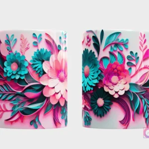 Taza con un elegante arreglo floral 3D de estilo vintage en tonos de rosa pastel, fucsia y turquesa menta, con hojas y enredaderas, vista frontal y trasera.