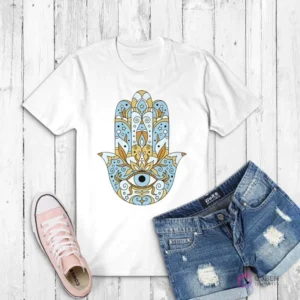 Polera blanca con un detallado diseño de la Mano de Hamsa o Fátima en tonos azules y dorados con un ojo central