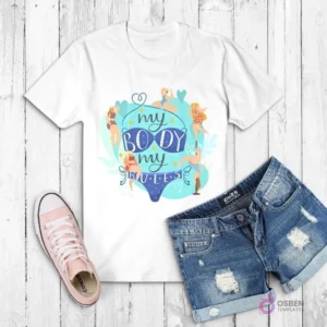 Polera blanca con la frase 'MY BODY MY RULES' rodeada de ilustraciones de mujeres de diversas tallas y tonos de piel en traje de baño
